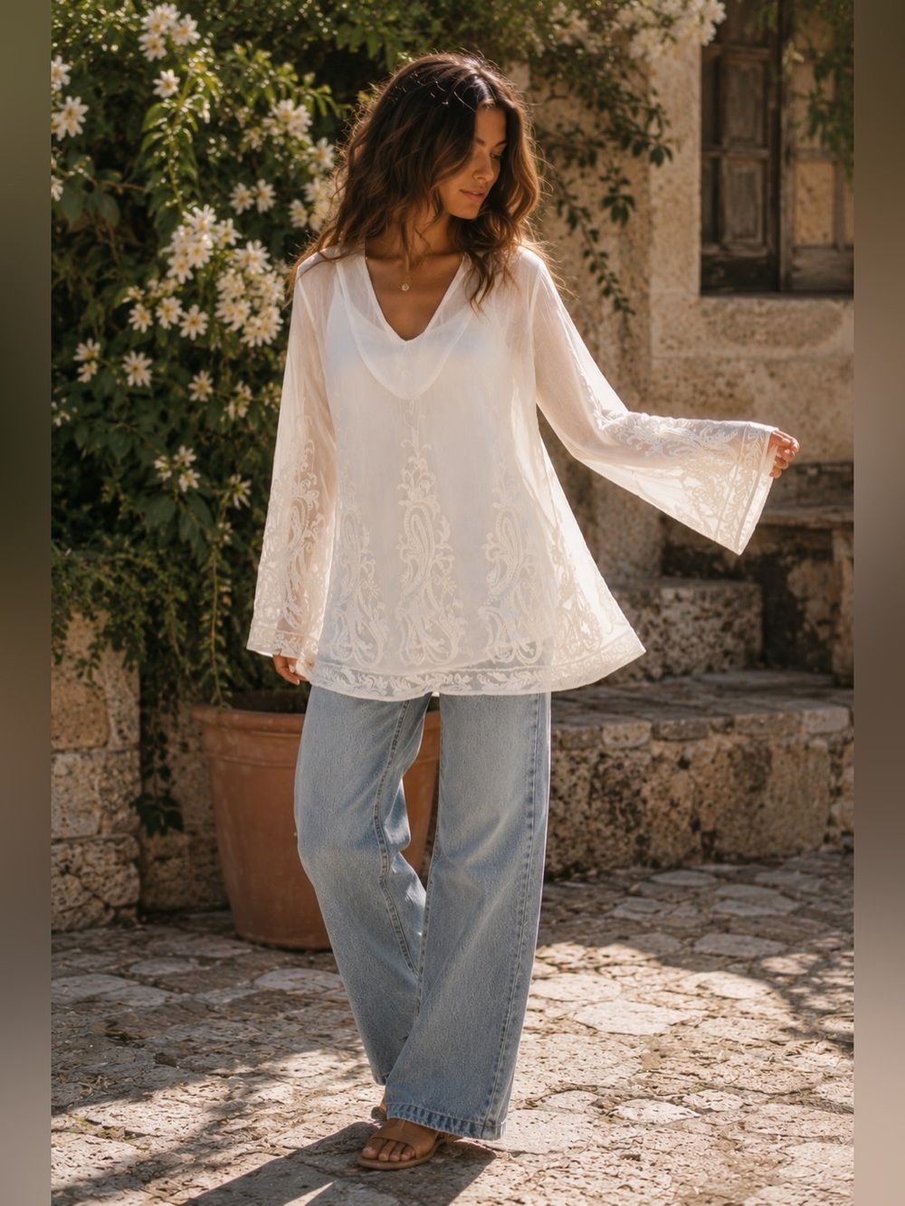 Forgotten Grace Ivory Sheer Embroidered Boho Tunic Top Medium